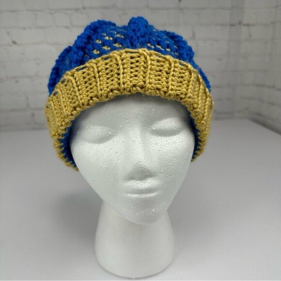 Handmade Unisex New Blue Gold Striped Winter Crochet Beanie - Adult S/M‎ - Picture 3 of 9